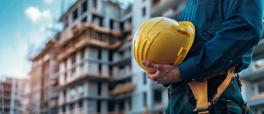 Construction Worker Holding Hard Hat Safety Equipment Construction Worker Holding Hard Hat Safety Equipment