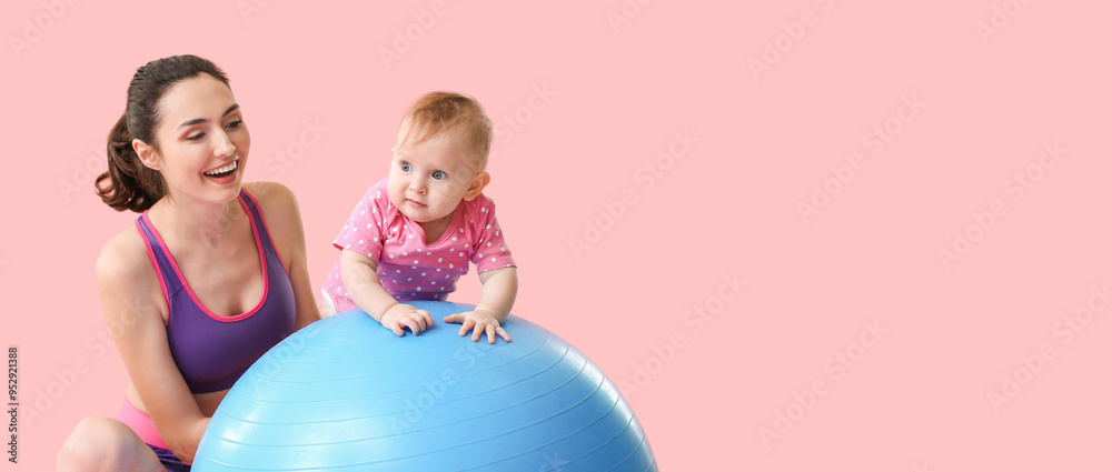 Young sporty mother and her baby doing exercises with fitball on color background Young sporty mother and her baby doing exercises with fitball on color background