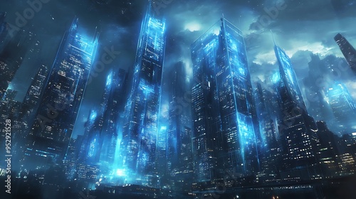 Futuristic Skyscrapers Illuminated with Blue Lights