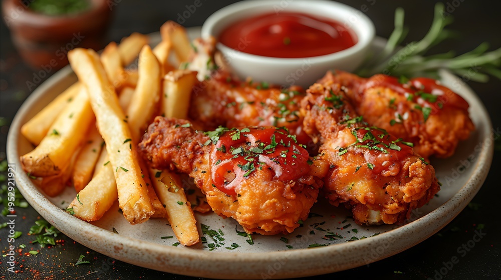 Crispy fried chicken wings with french fries and ketchup.
