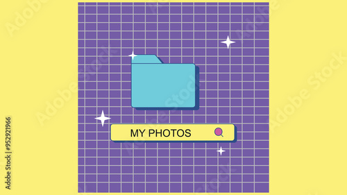 Retro-style file folder with a "My Photos" search bar, symbolizing digital photo storage, file management, and media organization.

