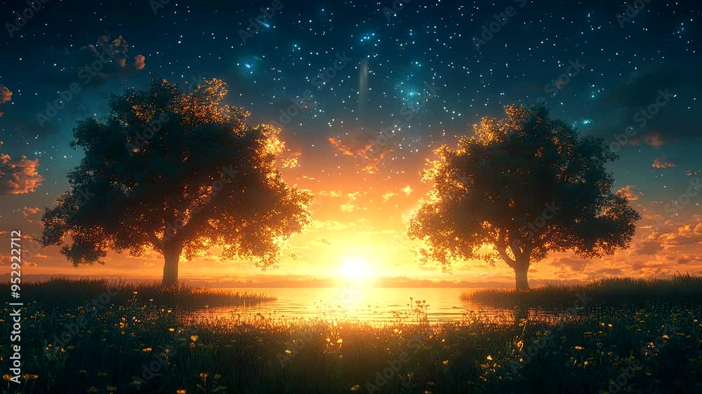 A golden sunset illuminating two large trees standing on either side of a calm lake under a starry sky. Nature concept. Seamless looping 4k time-lapse video background A golden sunset illuminating two large trees standing on either side of a calm lake under a starry sky. Nature concept. Seamless looping 4k time-lapse video background