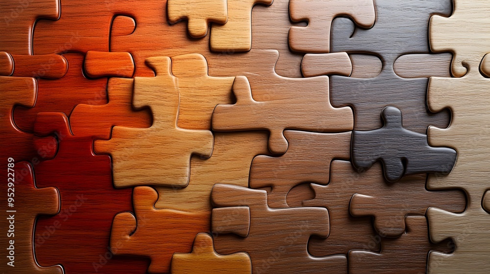 Wooden Jigsaw Puzzle Pieces Forming Gradient Pattern for Harmonious Interior Design Wooden Jigsaw Puzzle Pieces Forming Gradient Pattern for Harmonious Interior Design