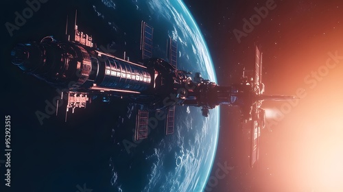 Fototapeta Naklejka Na Ścianę i Meble -  Space station orbiting distant planet sleek spacecraft docking nearby metallic finishes cool tones highly detailed 3D rendering