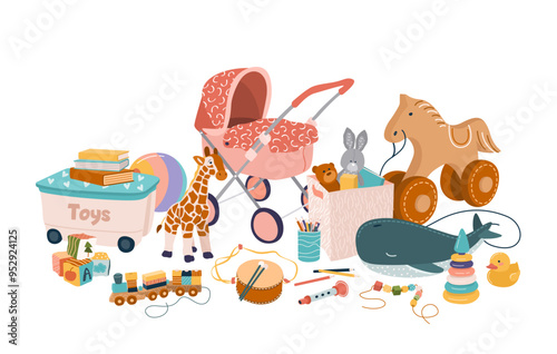 Cute plush, wooden and plastic toys for children's development. Drum, train, ball, horse, books, pram, musical instruments for preschool boys and girls. Flat vector illustration on white background