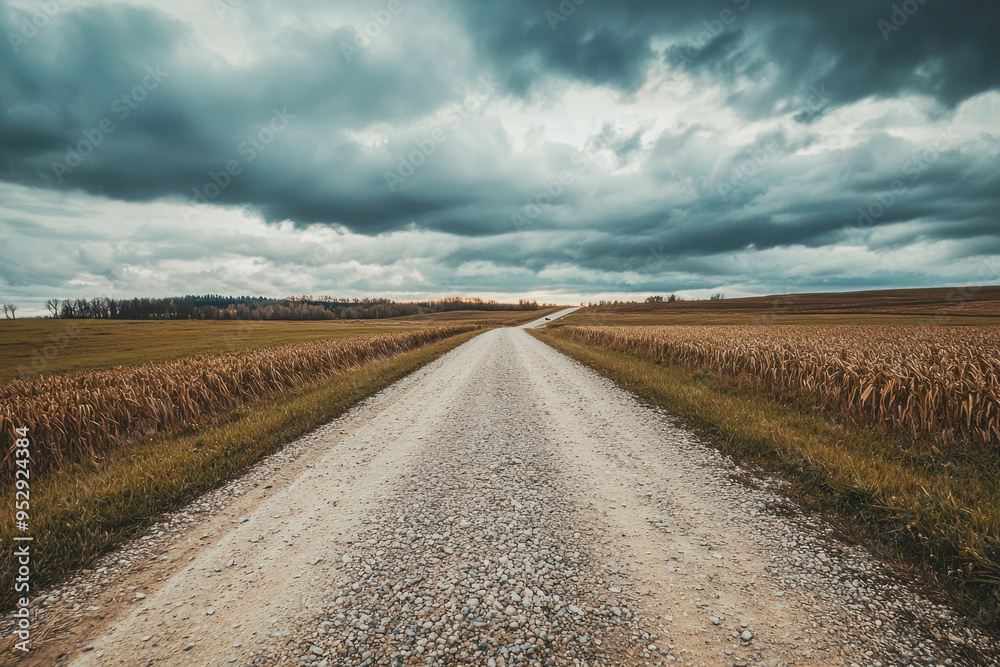 Naklejka premium Low angle view of gravel road through countryside meadows, captured under a cloudy sky at spring evening.