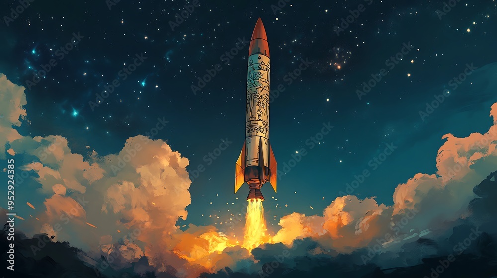 Fototapeta premium A Rocket Launches Through the Night Sky, Leaving a Trail of Fire