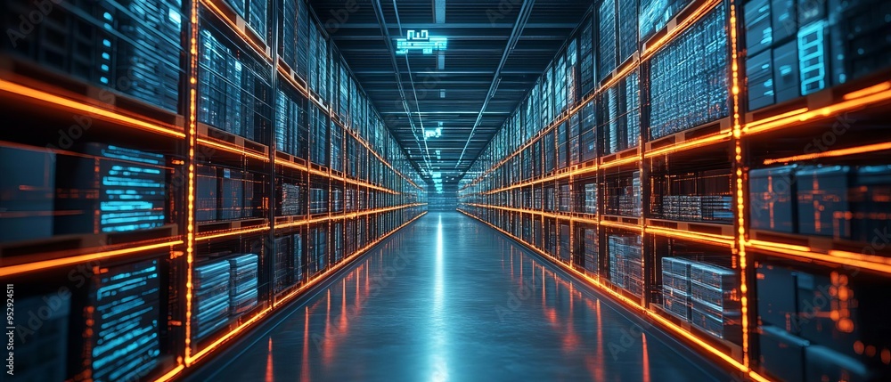 A hightech storage environment where AI and machine learning systems analyze inventory, integrating information through cuttingedge analytics for logistics efficiency