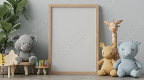 Stuffed Animal Toys and a Wooden Frame Against a White Wall photo