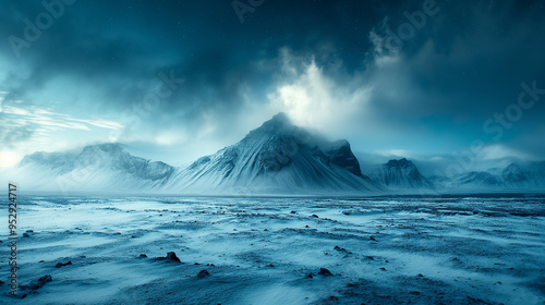 beautiful winter landscape under snow-covered mountains and starry skies