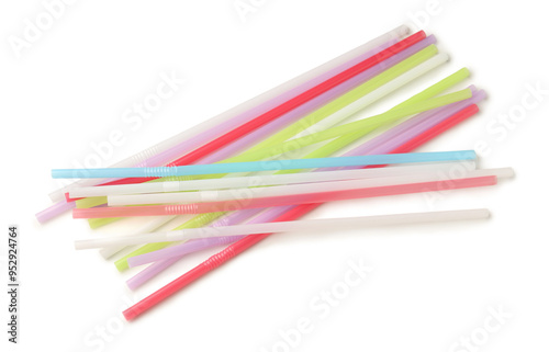 Different plastic straws on white background