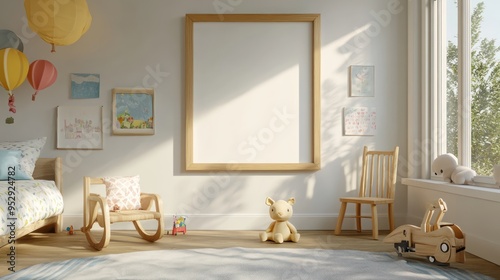 Child's Bedroom with Wooden Toys,  Large Empty Frame, and Sunlit Window photo