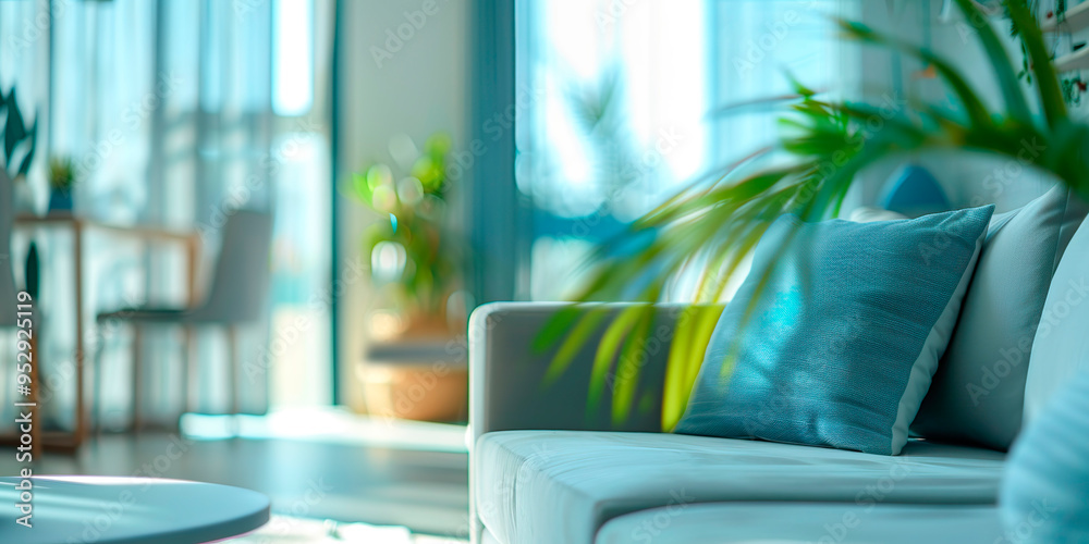 Close-up of modern room in the background, you can see a large window illuminating the room Close-up of modern room in the background, you can see a large window illuminating the room