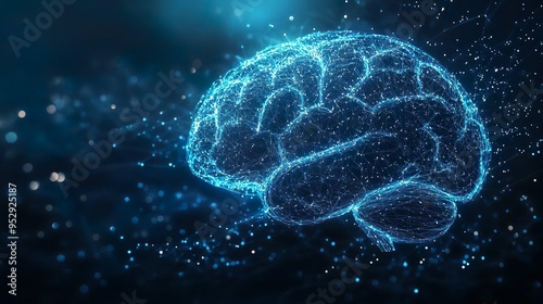 Abstract human brain in blue with luminous neural connections and background