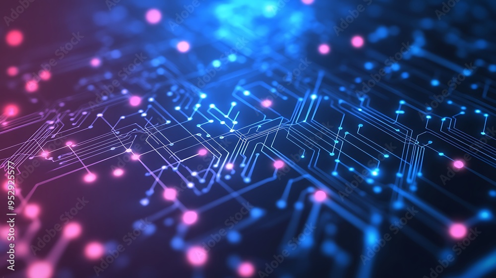 Abstract Circuit Board with Glowing Blue and Pink Connections Abstract Circuit Board with Glowing Blue and Pink Connections