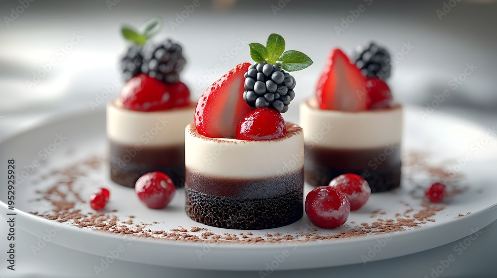 Exquisite Dessert Trio with Chocolate Fruit and Cream on White Plate Exquisite Dessert Trio with Chocolate Fruit and Cream on White Plate