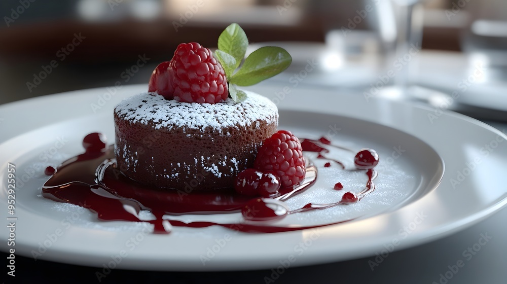 Exquisite Chocolate Souffl with Raspberry Coulis and Powdered Sugar Dusting on Dessert Plate Exquisite Chocolate Souffl with Raspberry Coulis and Powdered Sugar Dusting on Dessert Plate