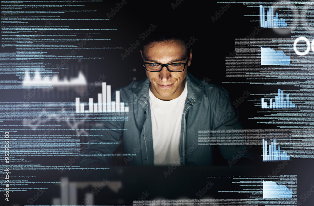 Man, overlay and smile on computer with data at night as employee for overtime and deadline for software. Business, male person and statistics with graphs, programming and processing info or analysis Man, overlay and smile on computer with data at night as employee for overtime and deadline for software. Business, male person and statistics with graphs, programming and processing info or analysis