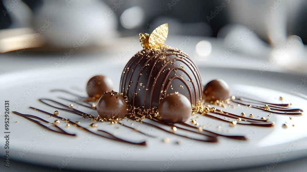 Fototapeta premium Exquisitely Presented Gourmet Dessert with Chocolate Drizzle and Gold Leaf on Porcelain Plate