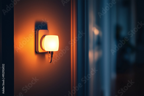 Gentle Glow: A Soft Nightlight Plugged into a Hallway Wall