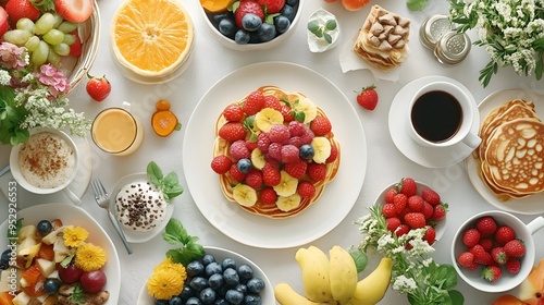 Perfectly Arranged Aerial View of Breakfast Spread with Fruits Pancakes and Coffee