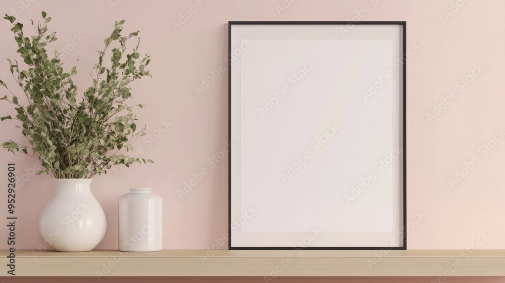 Blank Picture Frame on Shelf with Vase and Plant Blank Picture Frame on Shelf with Vase and Plant