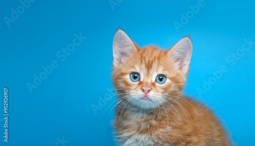 adorable orange kitten with big blue eyes sitting against a bright blue background