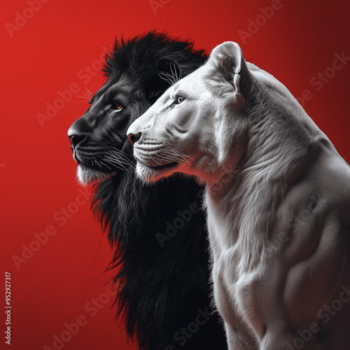 Striking black lion and white tiger in a majestic pose against a vibrant red backdrop
 photo