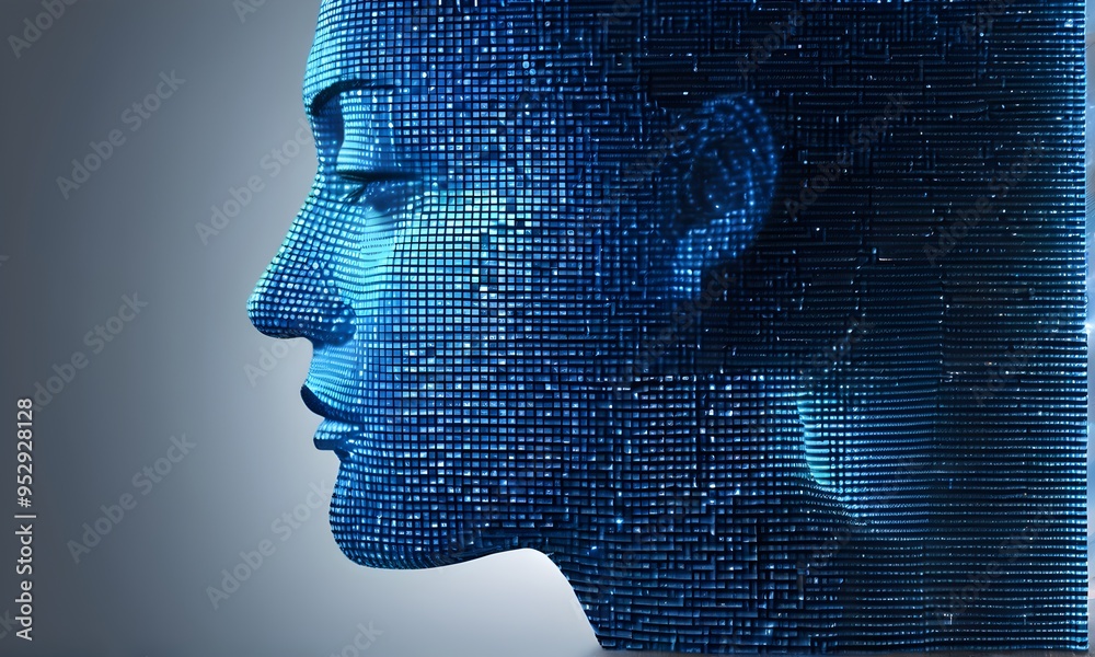 Woman head in profile made of blue glowing particles and pixels	