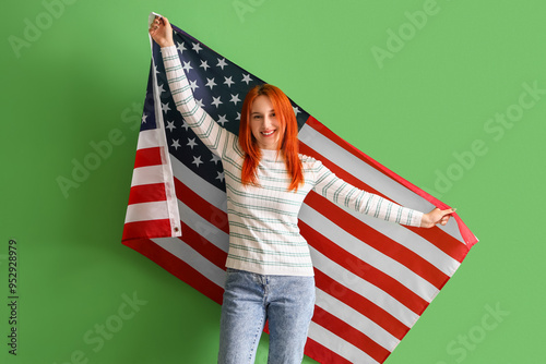 Young redhead woman with US...