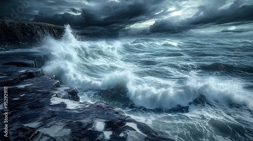 Dramatic Stormy Seascape with Crashing Ocean Waves and Ominous Cloudy Sky