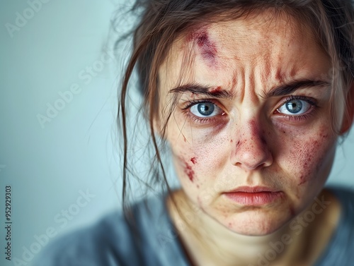 Close up portrait of a young woman with bruises and injuries shows intense emotion and strength. Beaten up woman. Violence experience.