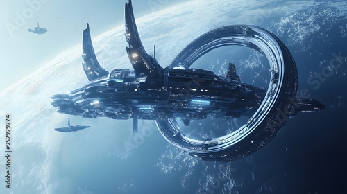 Fototapeta Naklejka Na Ścianę i Meble -  Distant planet with futuristic space station sleek spacecraft docking nearby cool tones metallic finishes highly detailed 3D rendering