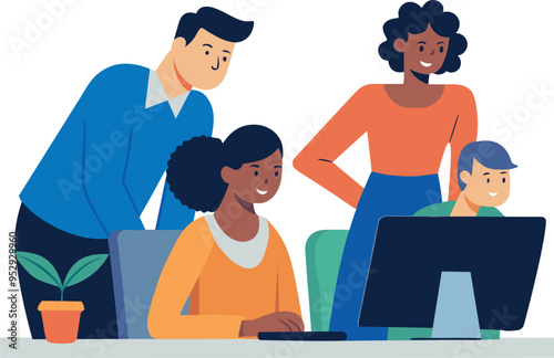 Diverse team brainstorming with computer flat vector illustration. Collab concept illustration