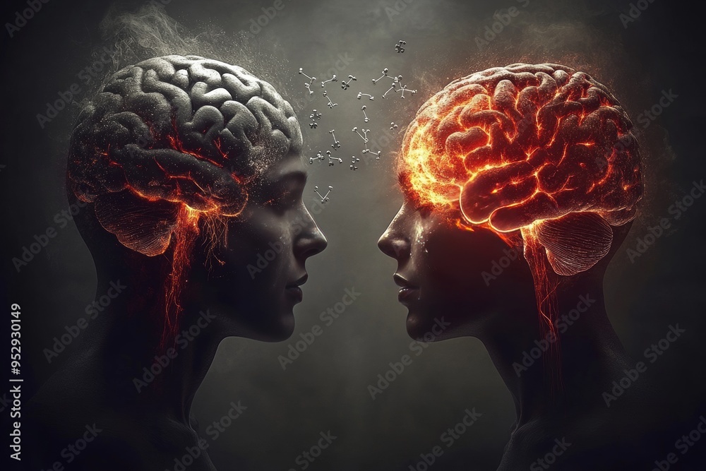 Side profile of two individuals with contrasting brain imagery symbolizing fiery passion and cool rationality exploring the dual nature of human thought and emotion Side profile of two individuals with contrasting brain imagery symbolizing fiery passion and cool rationality exploring the dual nature of human thought and emotion