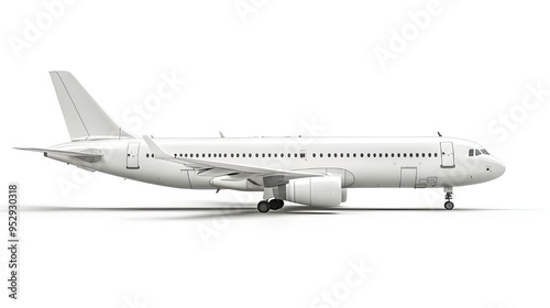 A detailed image of a commercial airplane on a white background, highlighting its fuselage and wing design. The aircraft is presented in a side view, emphasizing its aerodynamic shape.