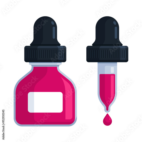 Pink dropper bottle with pipette and droplet. Flat vector illustration isolated on white background with copy space. Ink, dye, colorant, tincture, reagent, essential oil, serum concept