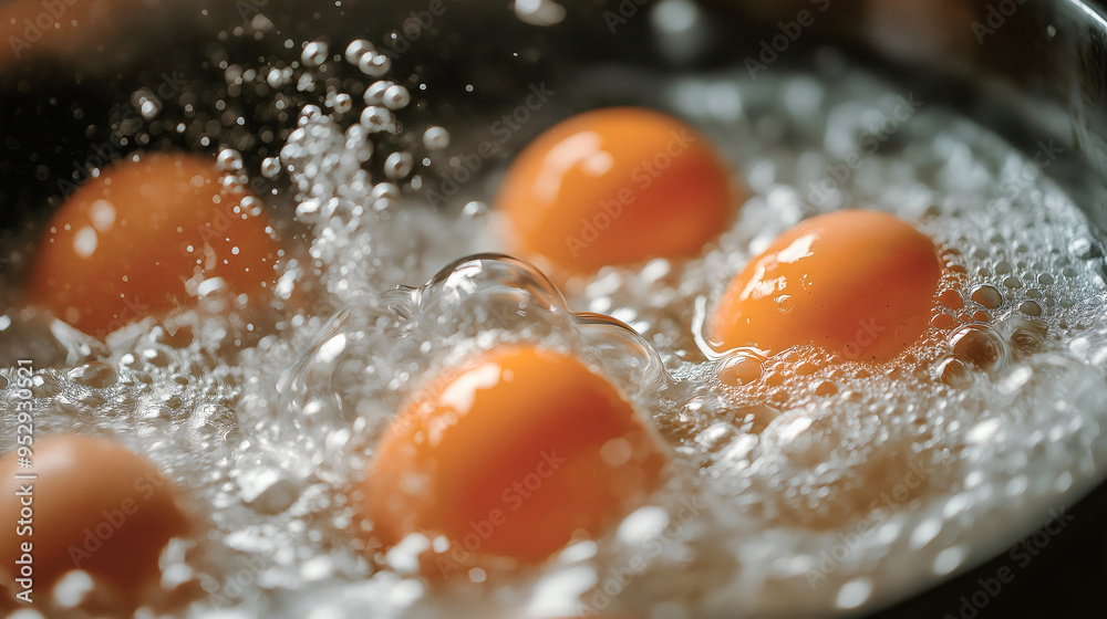 Closeup of eggs in hot boiling water in a pot on a stove. Healthy protein breakfast food meal cooking preparation, bubbles, organic nutrition, steam Closeup of eggs in hot boiling water in a pot on a stove. Healthy protein breakfast food meal cooking preparation, bubbles, organic nutrition, steam