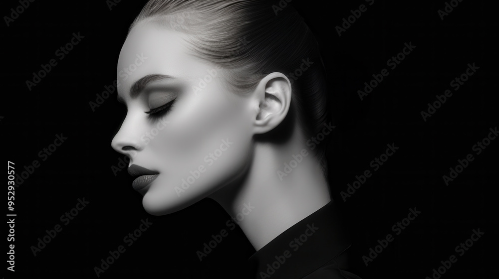 A dramatic black and white studio portrait of a woman in profile. Her eyes are closed and her head is bent slightly downward. A pensive expression. Emotive. A dramatic black and white studio portrait of a woman in profile. Her eyes are closed and her head is bent slightly downward. A pensive expression. Emotive.