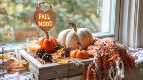 A cozy autumn display featuring pumpkins, candles, and decorative elements for fall ambiance.