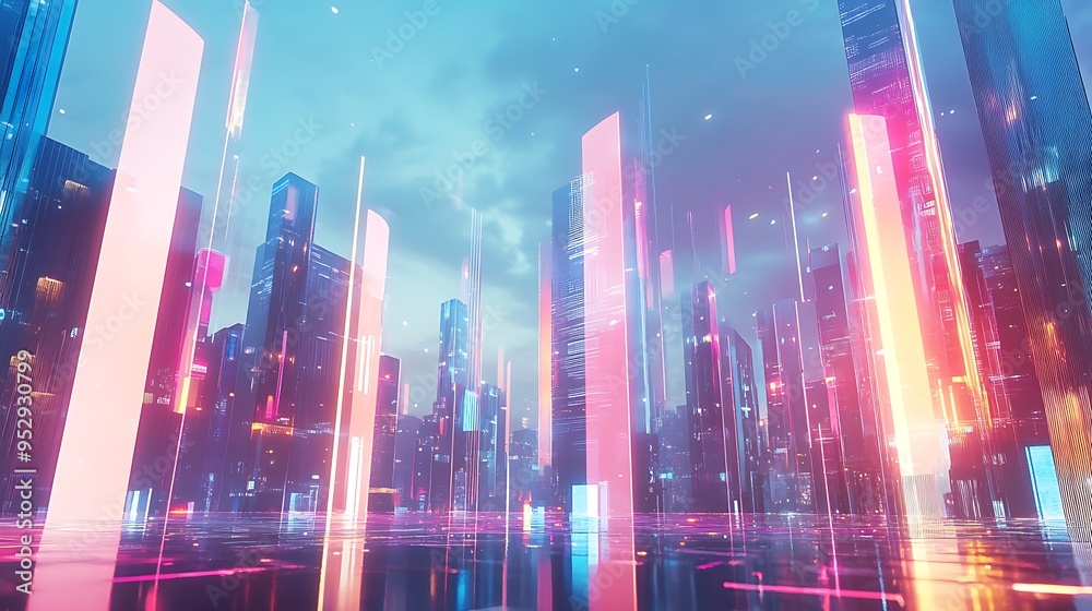 A Futuristic Cityscape with Neon Lights Reflecting on a Wet Surface A Futuristic Cityscape with Neon Lights Reflecting on a Wet Surface