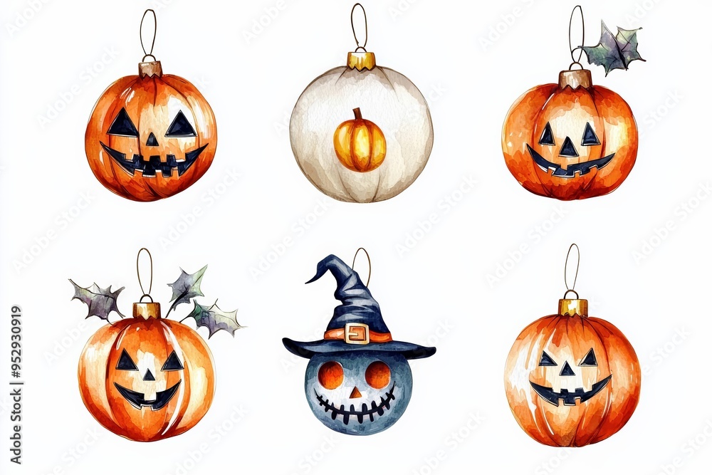 Halloween-inspired Christmas ornaments in cute cartoon style with colorful lights, isolated on white background, combining spooky and cheerful elements