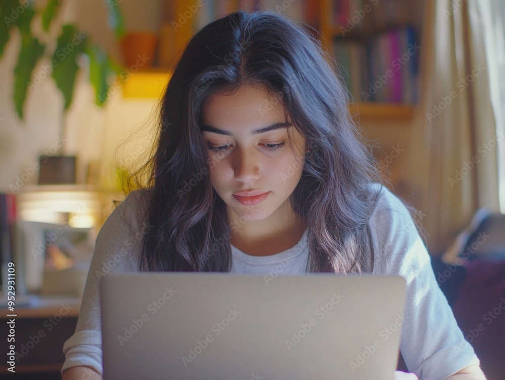 Girl Focused on Laptop in Cozy Room Girl Focused on Laptop in Cozy Room