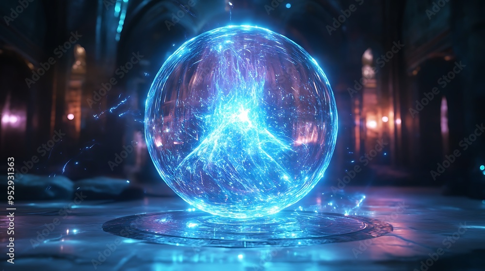 Fototapeta premium Glowing Blue Sphere Hovering Above Circular Platform in Dark Room