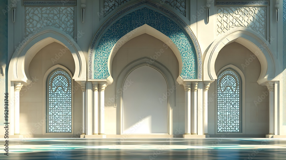 Obraz premium White Mosque Interior with Intricate Arches and Windows
