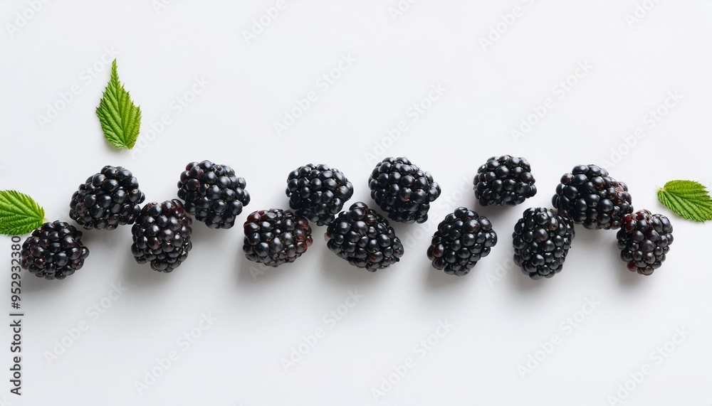 fresh blackberries with green leaves arranged in a row on a white background fresh blackberries with green leaves arranged in a row on a white background
