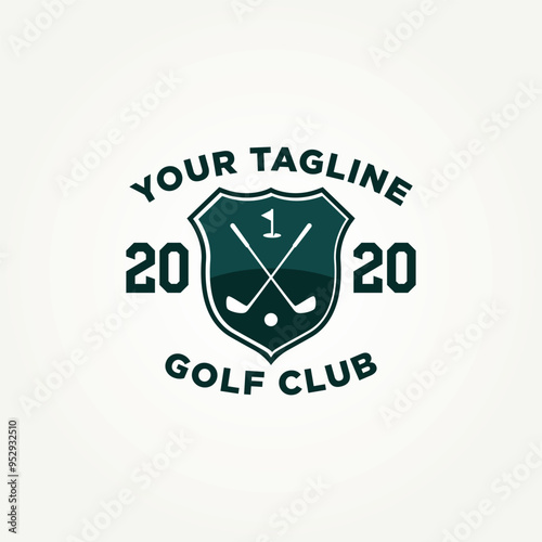 simple modern golf club with crossed stick, ball golf, and flag badge icon logo vector illustration design