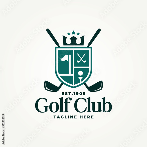 simple modern golf club badge icon logo vector illustration design. golf club with crossed stick, ball golf, and flag emblem logo