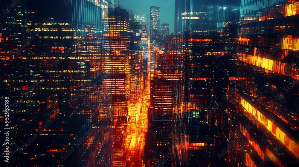 Fototapeta premium Cityscape at Night with Illuminated Windows