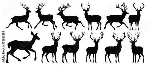Deer silhouettes set, animal pack of vector silhouette design, isolated background